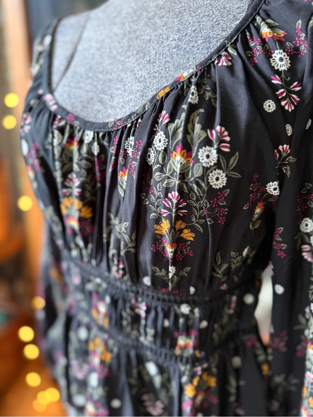 Black Floral Frenzy Peasant Blouse with Smocked Waist